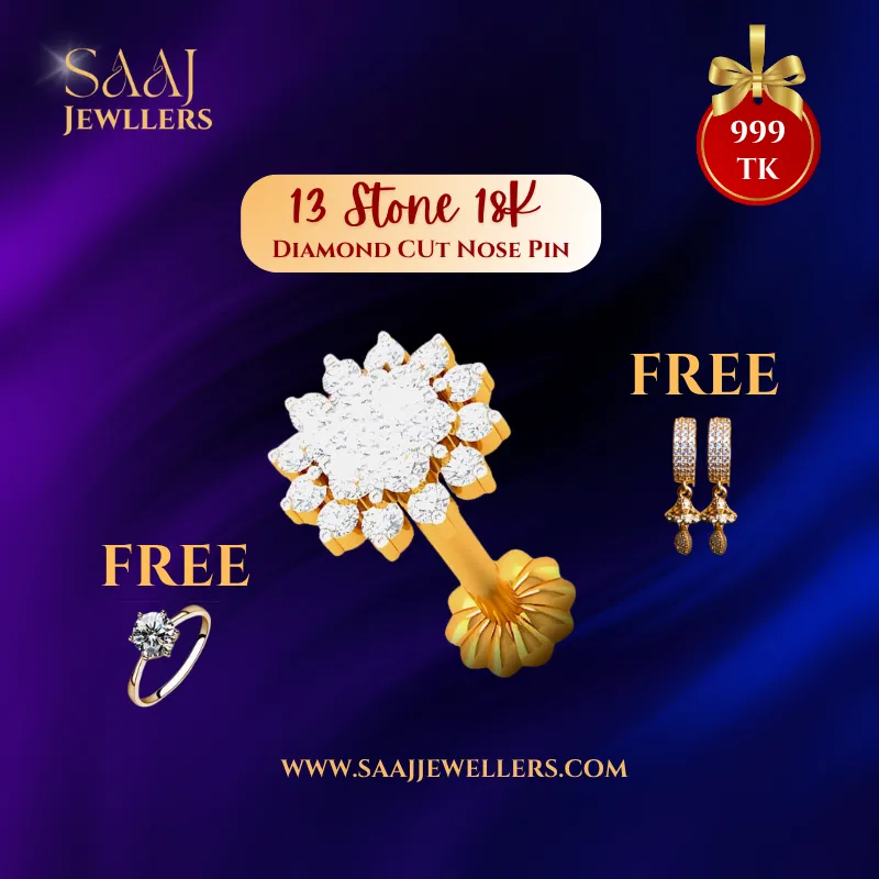 13 Stone 18K Traditional Gold Diamond Cut Nose Pin