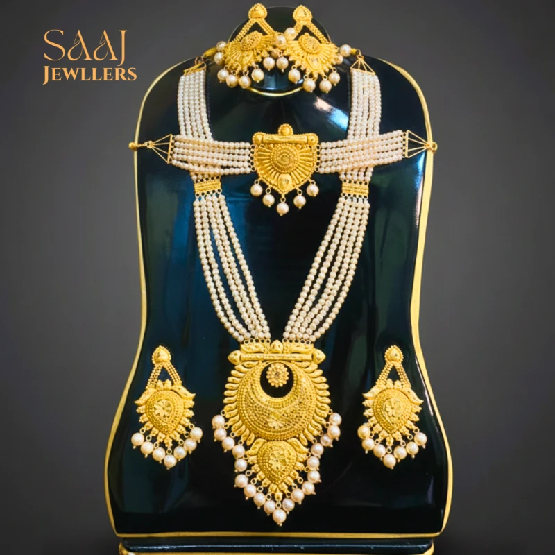 18K Traditional Gold Pearl Layered Semi-Bridal Jewellery Set-2