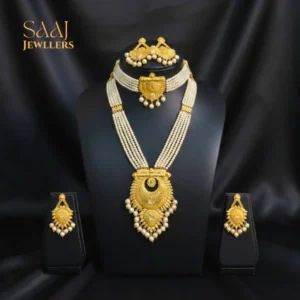 18K Traditional Gold Pearl Layered Semi-Bridal Jewellery Set