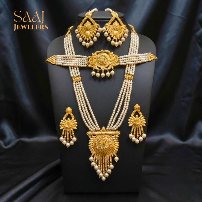 18K Traditional Gold Pearl Semi-Bridal Jewellery Set