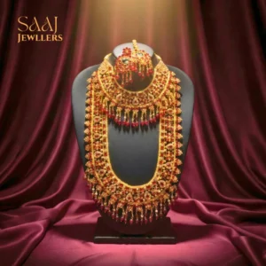 18K Traditional Gold Red Stone Semi-Bridal Jewellery Set with Tikli